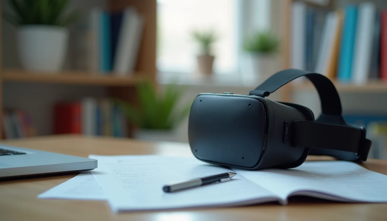 Close-up view of VR headset on a desk with educational materials