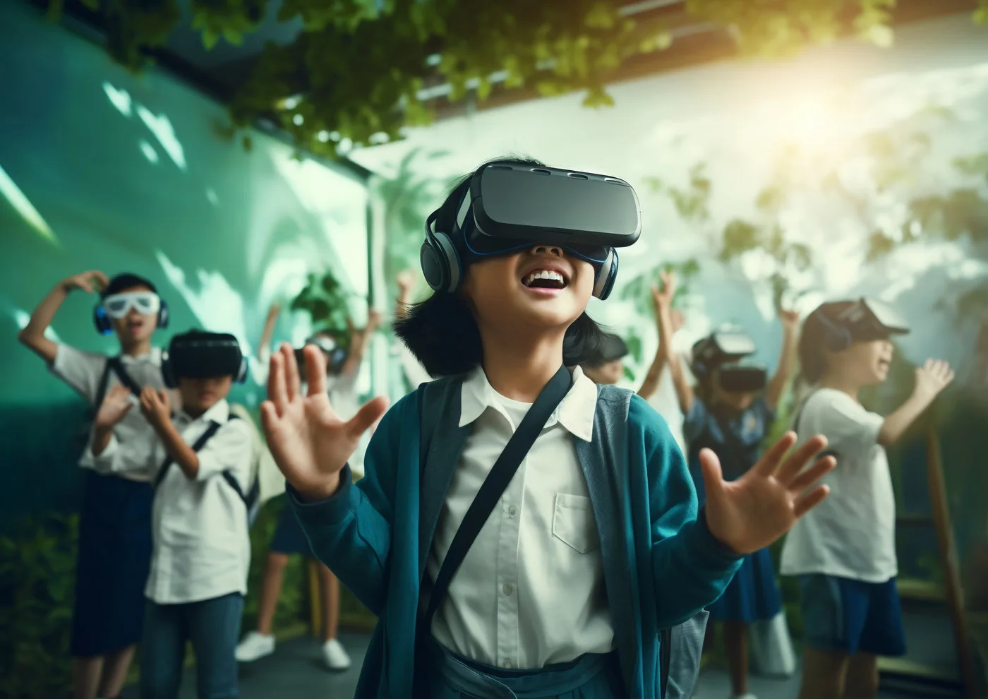 Students using VR headsets in a futuristic classroom for immersive learning