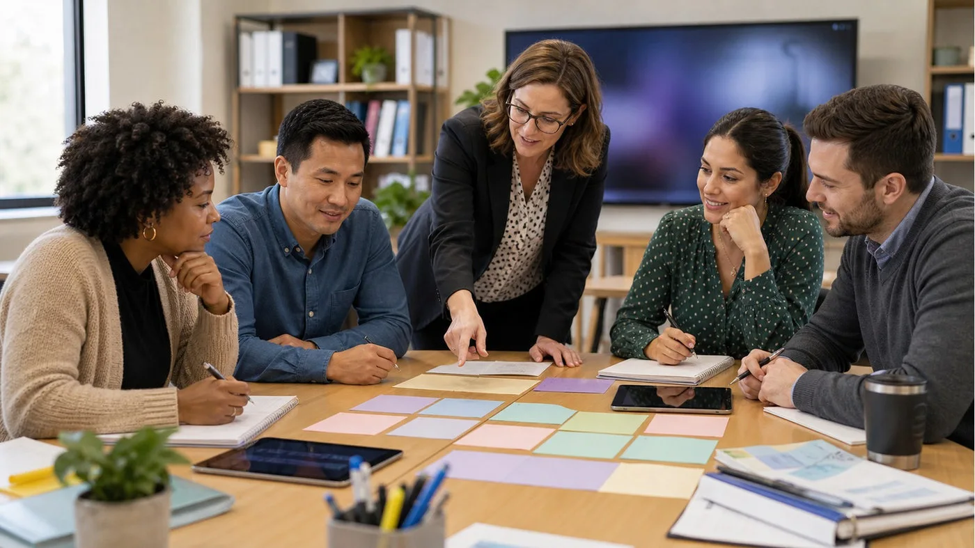 Educators planning an AI professional development roadmap with classroom materials