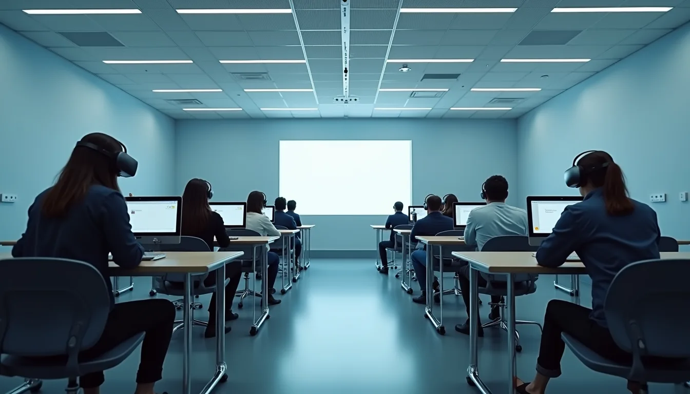 High angle view of futuristic classroom with VR stations