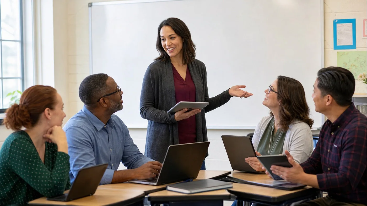 Teacher leading colleagues through AI training before classroom rollout