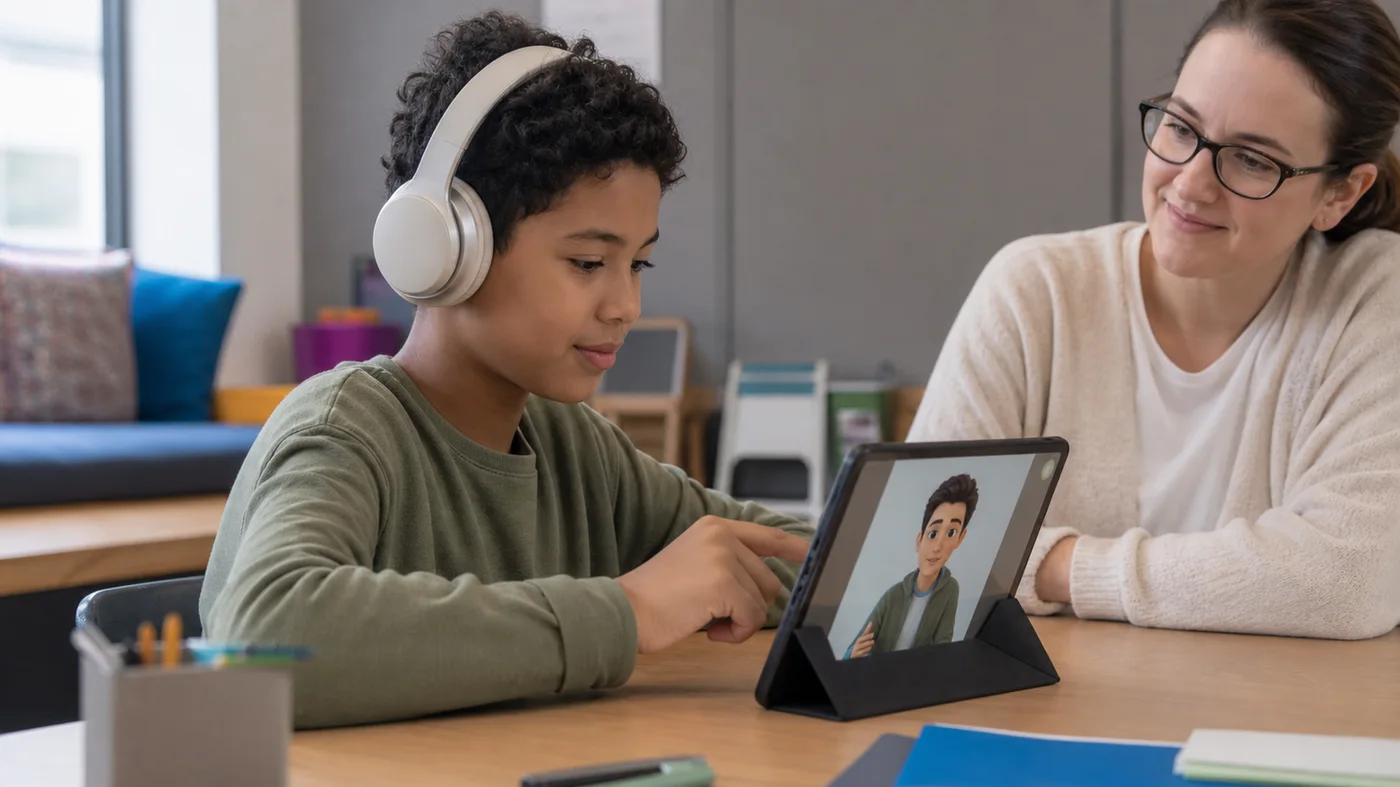 Neurodiverse student using headphones and a digital avatar tutor with teacher support