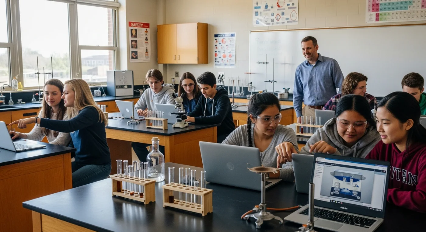 Students rehearsing laboratory procedures using virtual lab simulations before an in-person science lab.