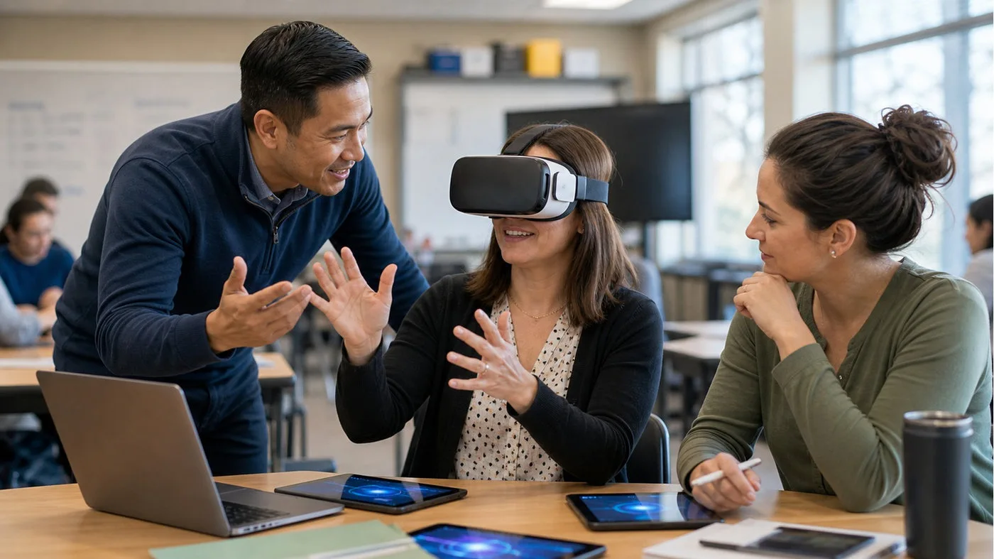 Technology coach helping teachers connect AI training with immersive learning