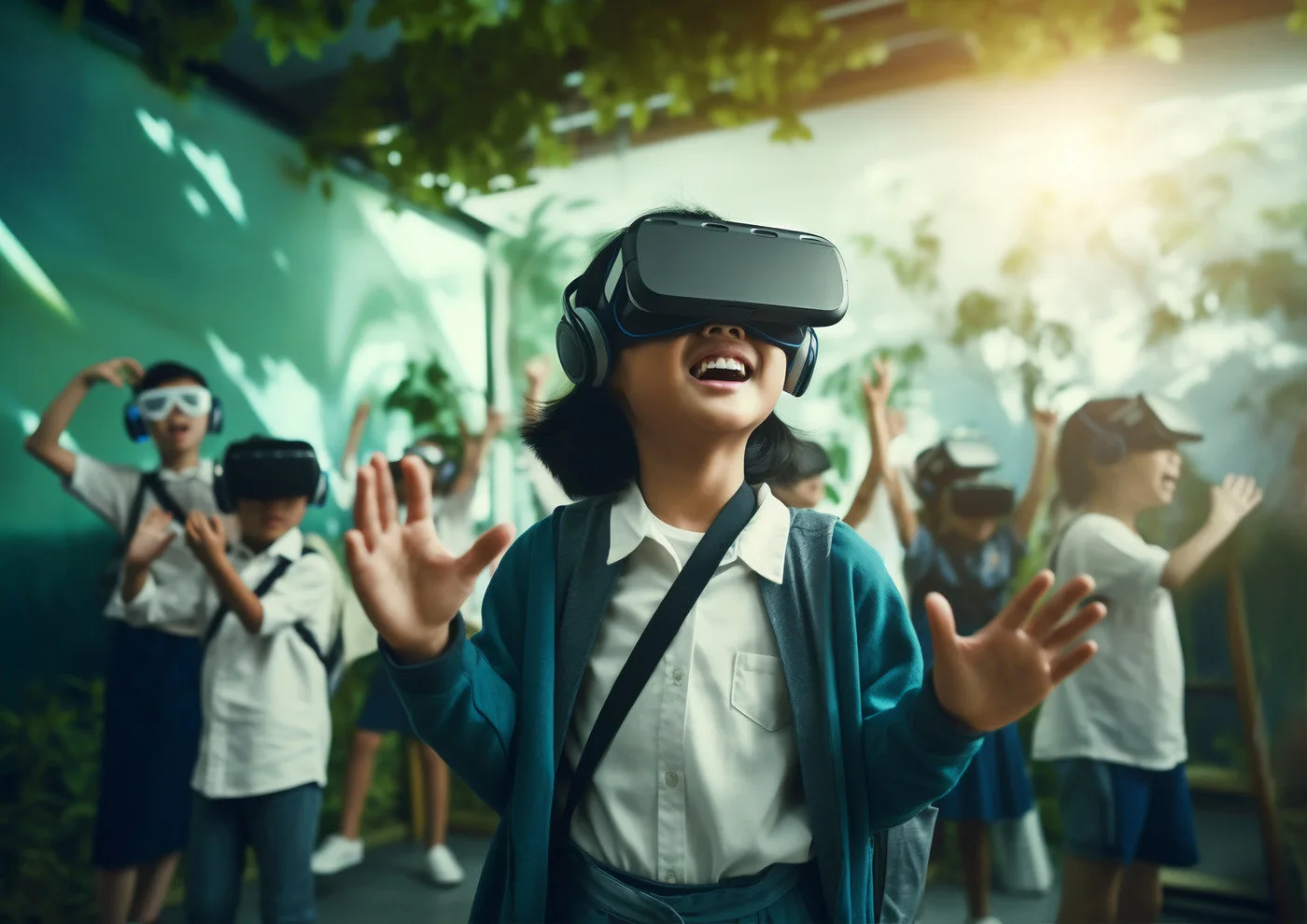Students using immersive digital learning technology in a classroom