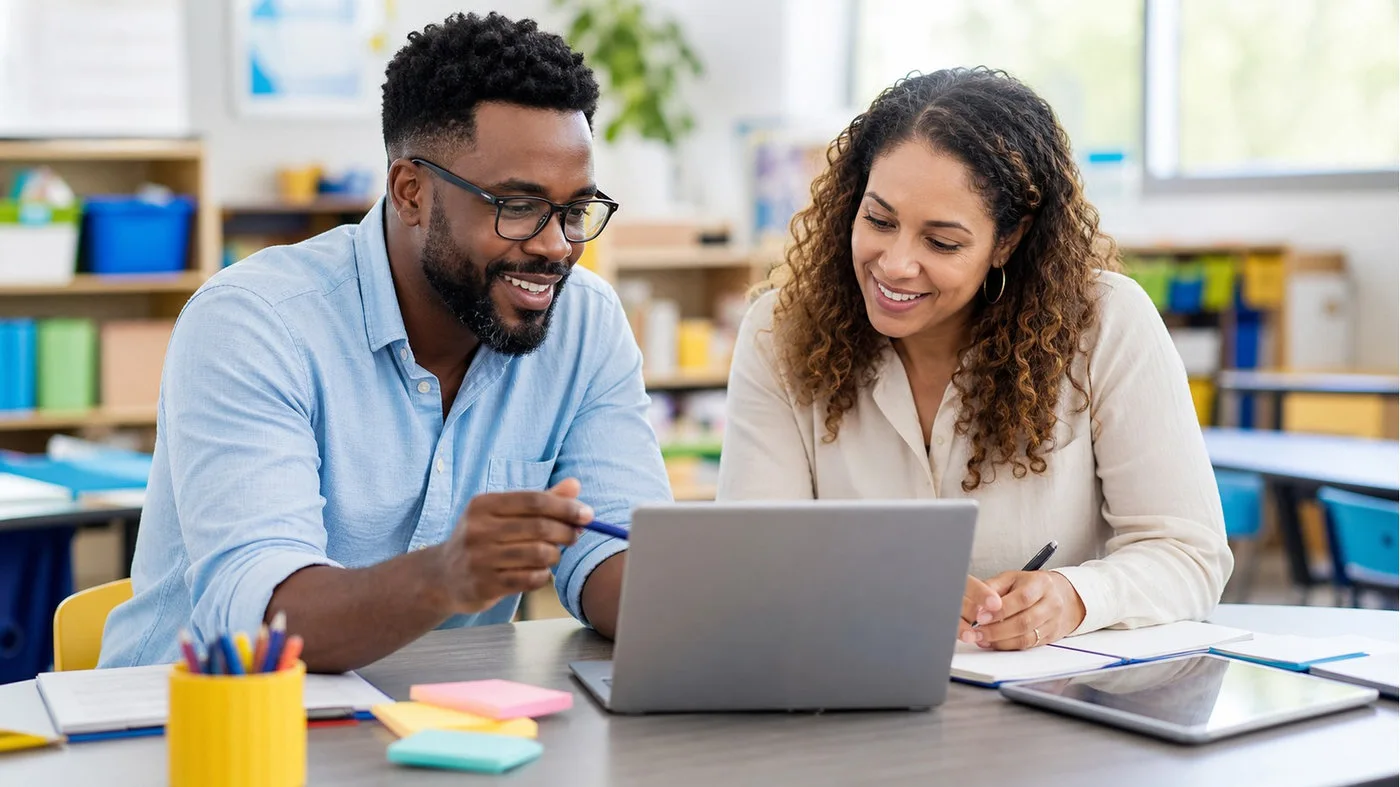 Teachers reviewing AI-supported lesson planning in a modern classroom