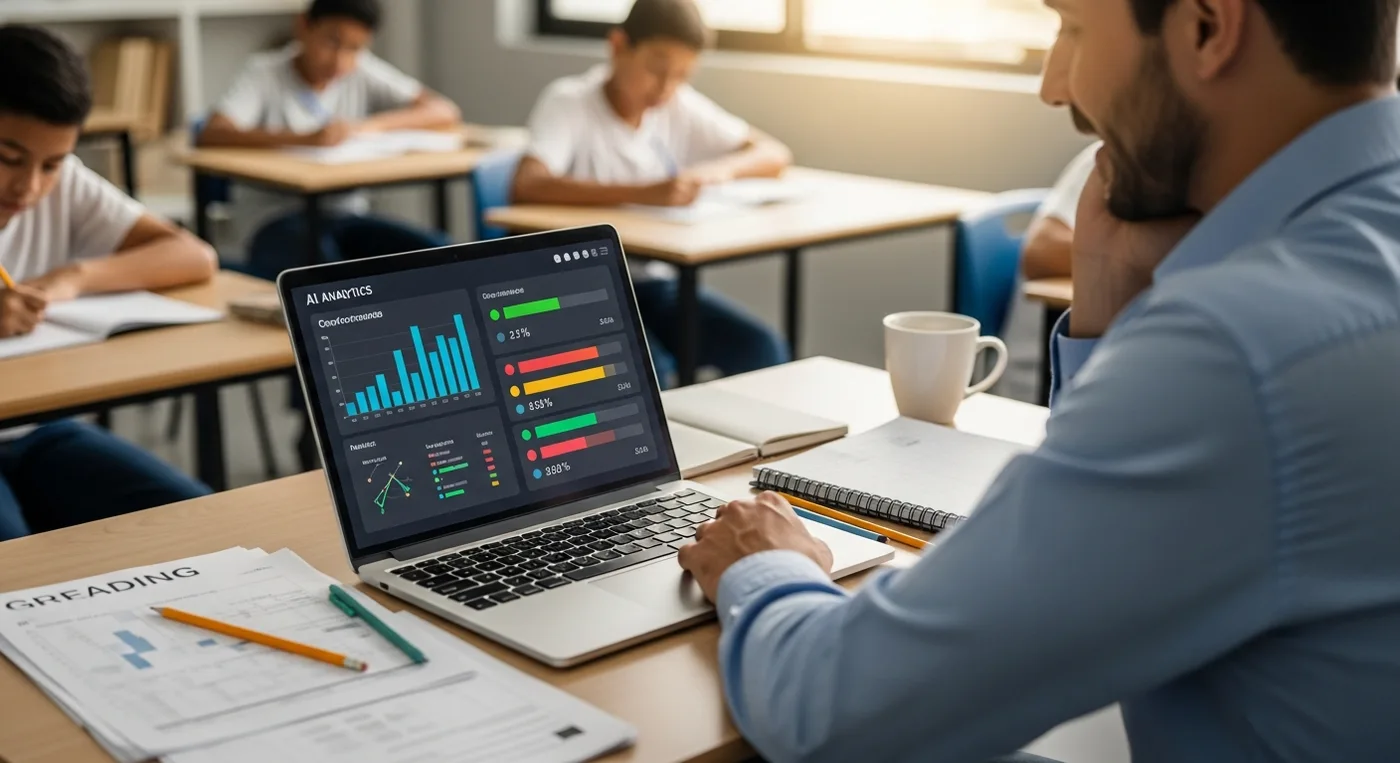 A teacher analyzing AI-powered student performance insights to personalize guidance and reduce grading time.