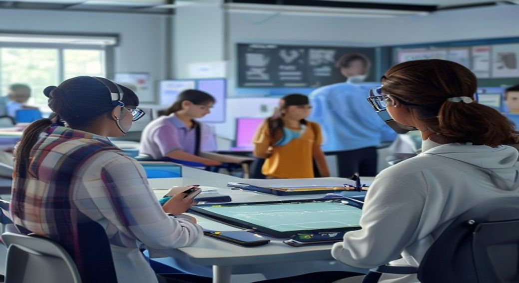 Students working with virtual science lab simulations on tablets while a teacher supervises