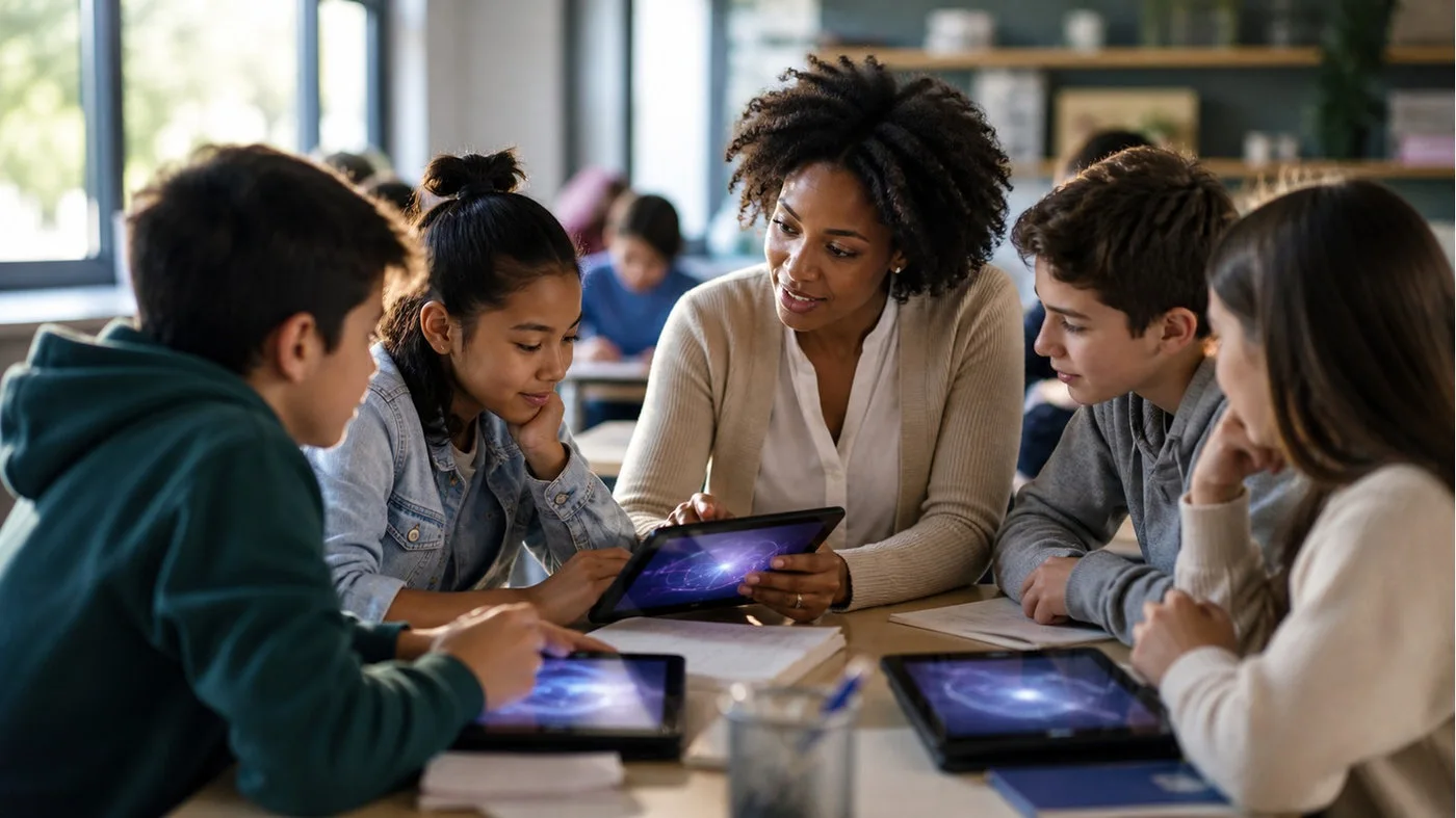 Teacher guiding students during AI-supported classroom learning